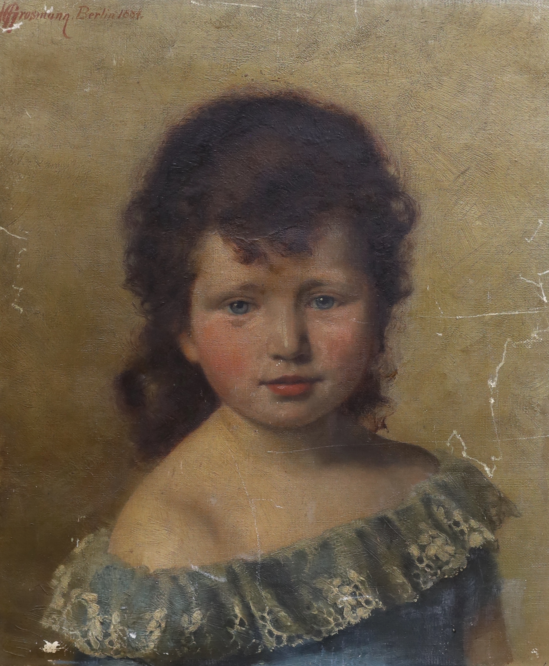 H. Grosmann (19th C.), oil on canvas, Portrait of a girl, signed and dated 1884, label verso, 37 x 31.5cm, unframed